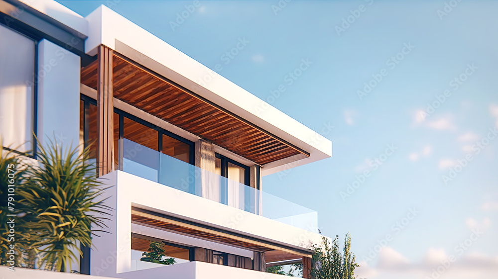 Close up of luxury house, white villa with balcony, terrace over blue sky. Minimalist architecture background with copy space. Close up of luxury house, white villa with balcony, terrace over blue sky. Minimalist architecture background with copy space.