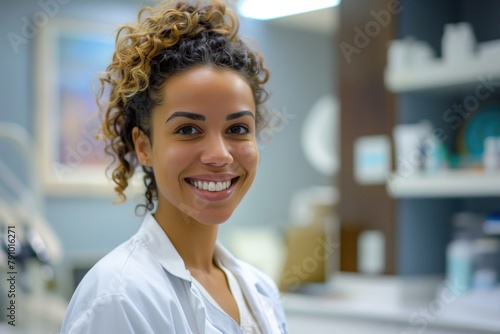 Young woman doctor smiling in her doctor's office. Job, profession, healthcare	 photo