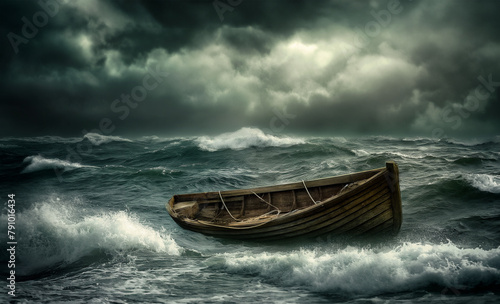 dramatic night landscape with an old boat in the stormy ocean
