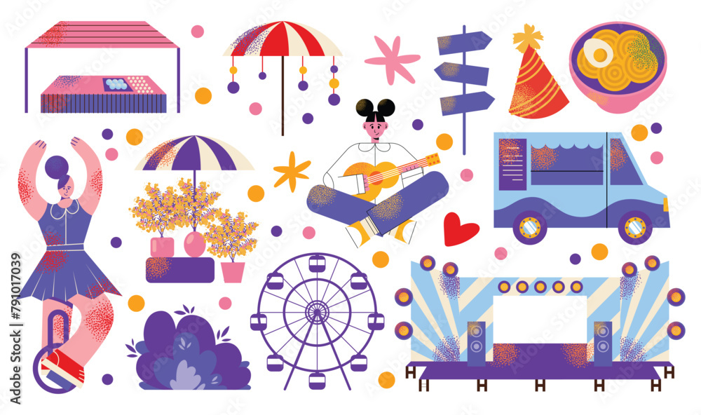 Music festival set, open-air concert with outdoor stage, live performance, food trucks, ferris wheels and flowers. Summer public entertainment party, picnic in park. Flat vector illustration isolated