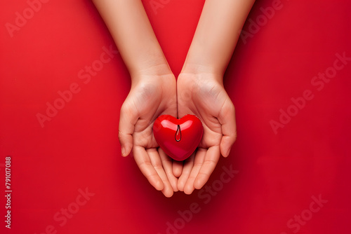 A pair of hands forming a heart shape, with a red blood drop in the center, isolated on a life-saving crimson background for World Blood Donor Day photo