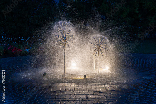 Dandelion fountain at night. Water splashing