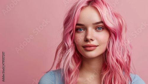 Beautiful girl with pink hair. Place for text