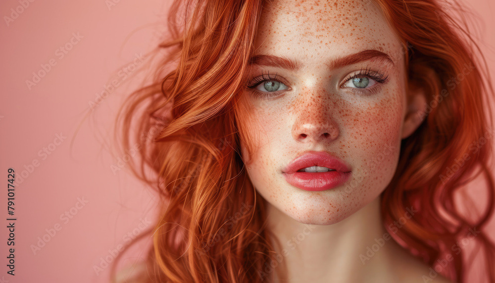Portrait of a beautiful red-haired girl on a pink background Portrait of a beautiful red-haired girl on a pink background
