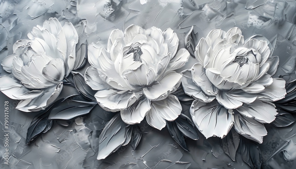 Ethereal Peonies: 3D Textured Painting on Grey Background Ethereal Peonies: 3D Textured Painting on Grey Background