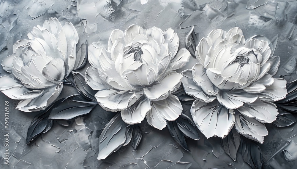 Ethereal Peonies: 3D Textured Painting on Grey Background