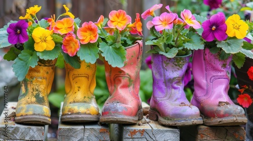 Spring and Easter garden decor featuring vibrant primroses in boots