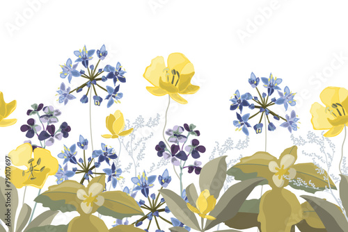 Vector floral seamless pattern, border with blue and yellow flowers.