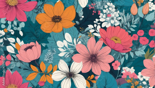 Vibrant hand-drawn floral artwork with a modern twist, creating a cute and stylish collage pattern.