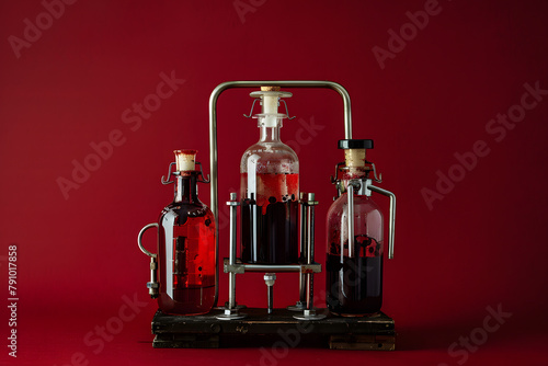 A vintage blood transfusion kit, featuring old glass bottles and metal stands, on a heritage burgundy background for World Blood Donor Day