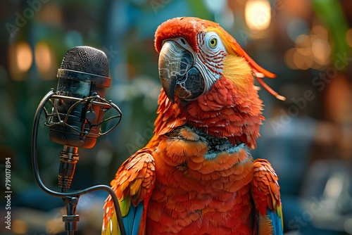 Parrot football commentator with vintage microphone and big earphones. comical angry parrot with a very gaint beak, a very small head and one eye larger than the other. photo