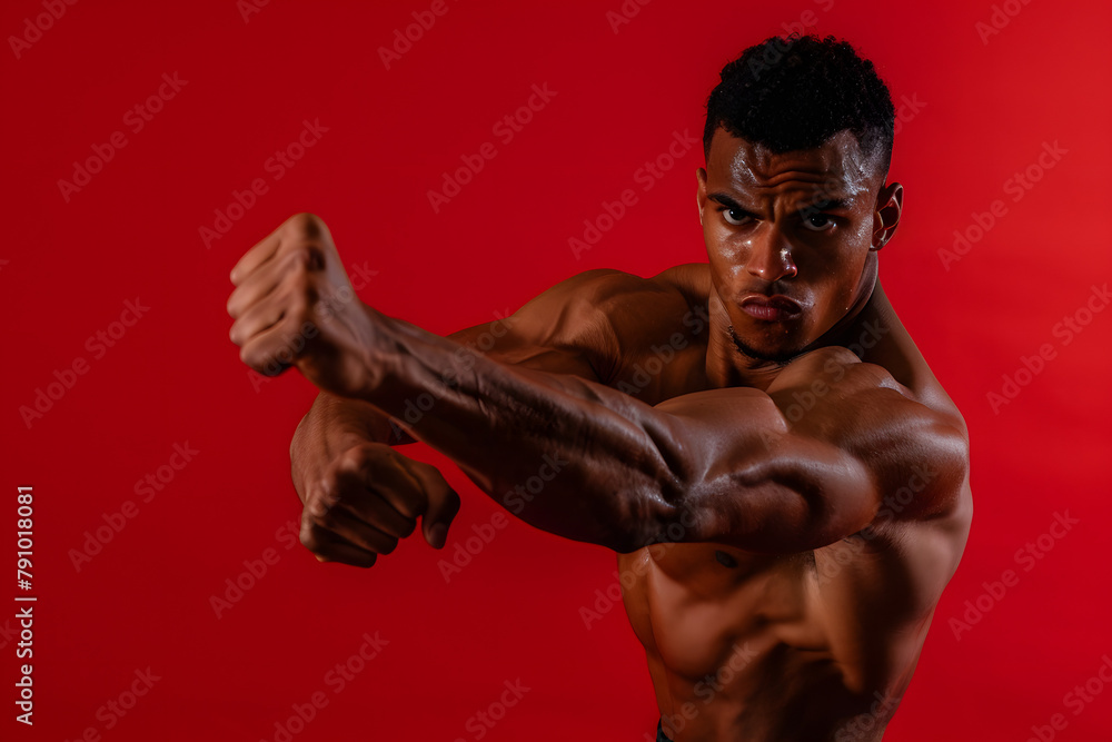 A boxer throwing a punch towards the camera, intense focus visible, isolated on a combat red background, capturing the spirit of athleticism and determination A boxer throwing a punch towards the camera, intense focus visible, isolated on a combat red background, capturing the spirit of athleticism and determination