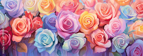 Colored flowers wallpaper top view. Rainbow roses wide banner