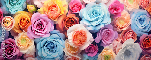 Colored flowers wallpaper top view. Rainbow roses wide banner