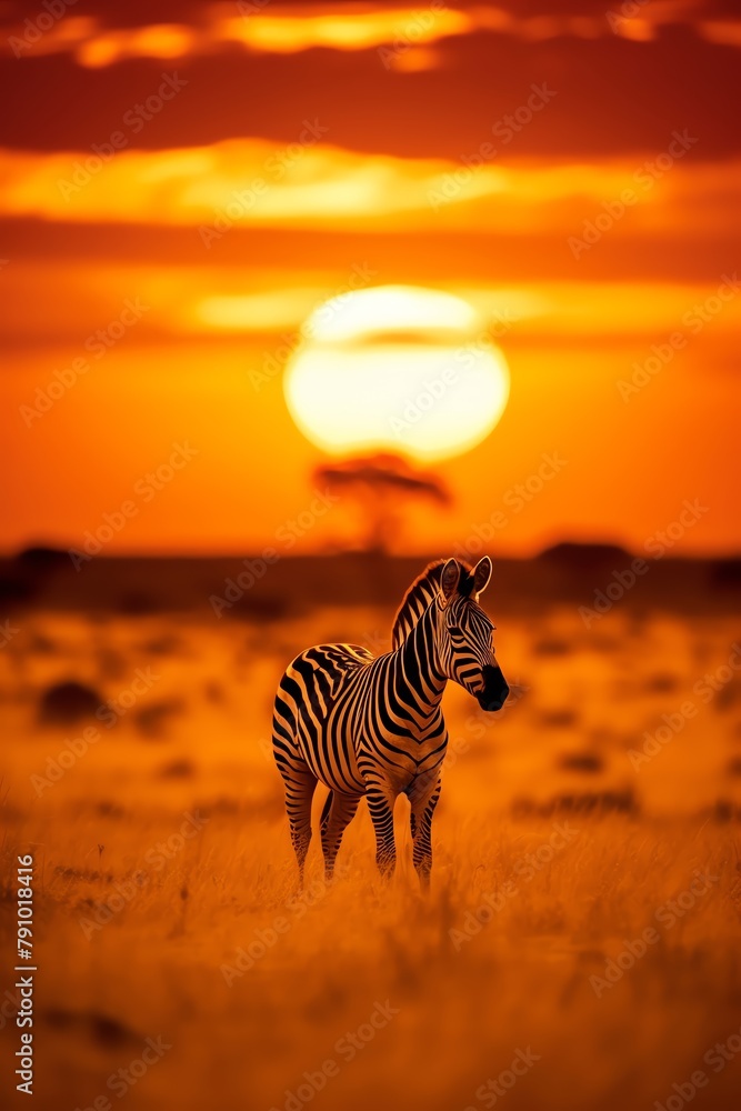 Fototapeta premium A lone zebra streaks across a vast, golden savanna, its black and white stripes a stark contrast to the endless expanse of the African sunset