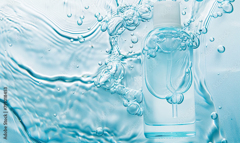 bottle of cosmetic oil in water with bubbles on blue background. bottle of cosmetic oil in water with bubbles on blue background.