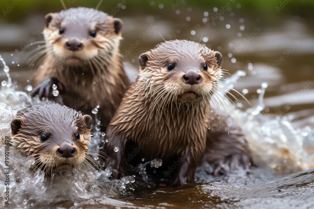 A playful pack of otters frolics in a cascading waterfall, their sleek bodies twisting and turning in a dance of pure joy A playful pack of otters frolics in a cascading waterfall, their sleek bodies twisting and turning in a dance of pure joy