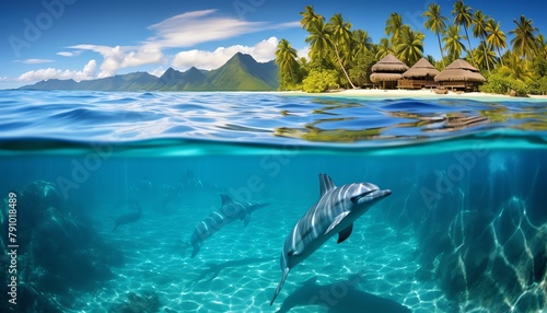 A pod of dolphins leaps and twists through a crystalclear lagoon, their joyful acrobatics mirrored in the turquoise water