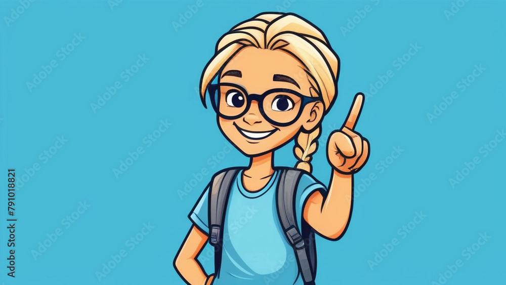 A lively illustration of a blonde  girl with glasses, pointing upwards, on a blue background, representing curiosity and the excitement of learning.
