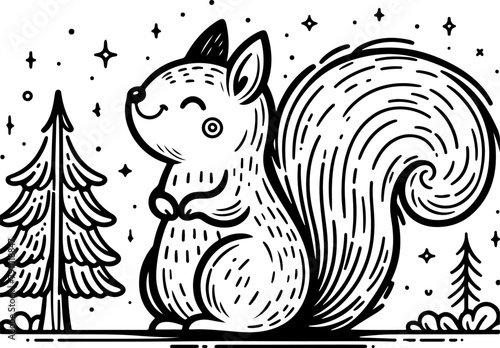 Squirrel black outline children coloring book illustration.