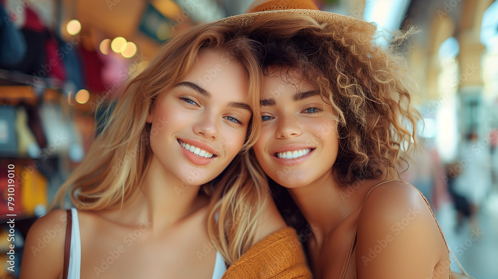 Beautiful young loving women while shopping. Beautiful young loving women while shopping.