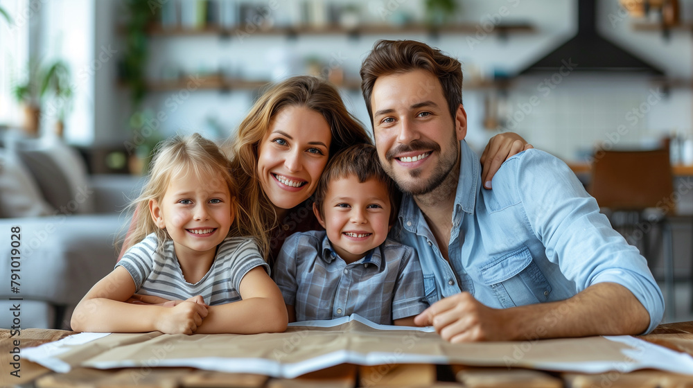 Concept of housing and relocation. happy family mother father and kids with roof at home . Concept of housing and relocation. happy family mother father and kids with roof at home .