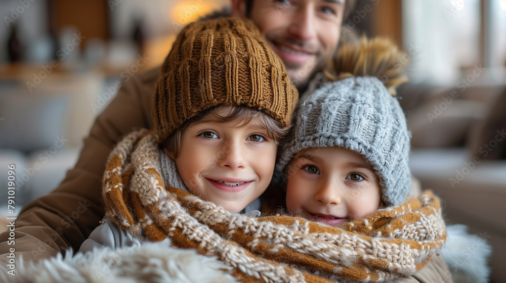 Obraz premium Happy family with little son having fun at home. Winter vacation.