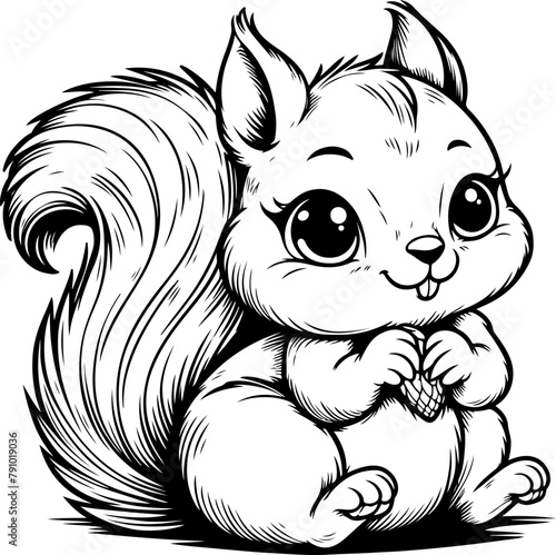 Squirrel black outline children coloring book illustration.