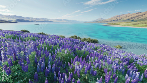 Lake Tekapo  Neuseeland  Drohnenbilder   ber dem See mit Bergpanorama der Southern Alps  Landschaften und Pflanzen zu unterschiedlichen Tages- und Jahreszeiten. Generative KI.