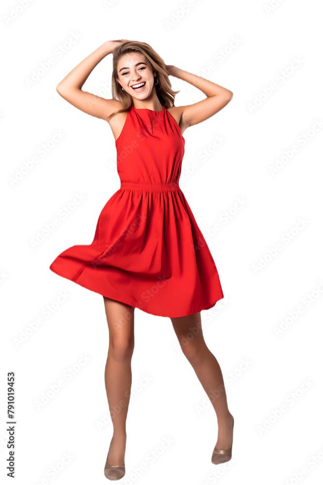 Woman in cute minimalist bright dress happy on transparent background PNG