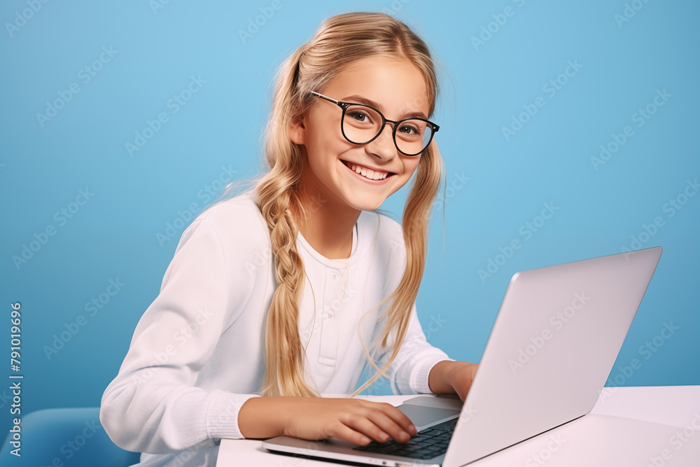 Young pretty blonde girl over isolated colorful background working with a laptop Young pretty blonde girl over isolated colorful background working with a laptop