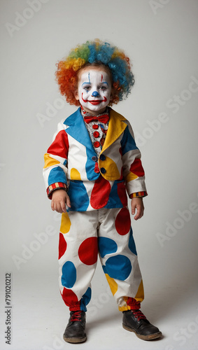 Little child in harlekin clown style with colorful painted face 