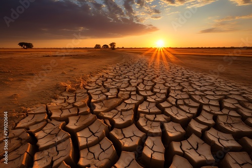 Once fertile fields are now parched and cracked, the relentless sun baking the earth, whispering a cautionary tale of droughts yet to come photo