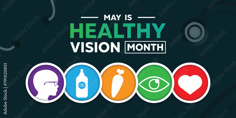 Healthy Vision Month. Human, eye cleanser, Eye, carrot, heart and Stethoscope. Great for cards, banners, posters, social media and more. Dark green background.
