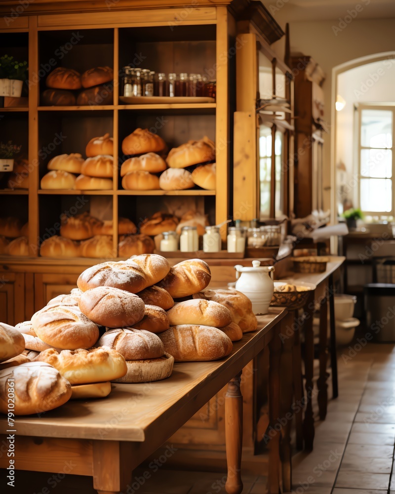 The kitchen is filled with the warm aroma of freshly baked bread, enticing all who pass by
