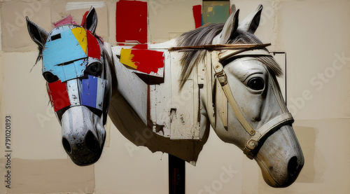 Painted horse head on the wall of a wooden house