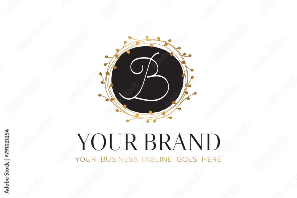 Fototapeta premium B Initial Letter Black and Gold Floral Hand Drawn Brand Logo