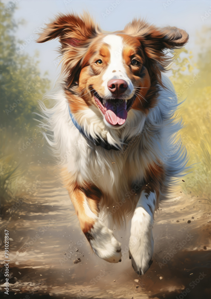 Austraian shepherd jumping in nature forest. Dog jump or fly in sunshine background Austraian shepherd jumping in nature forest. Dog jump or fly in sunshine background