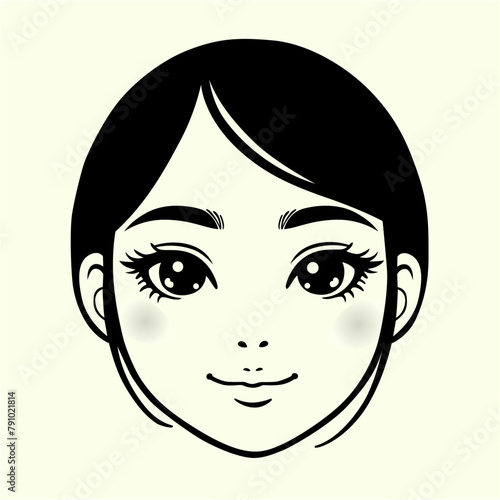 portrait of a cute girl face. black and white vector line art