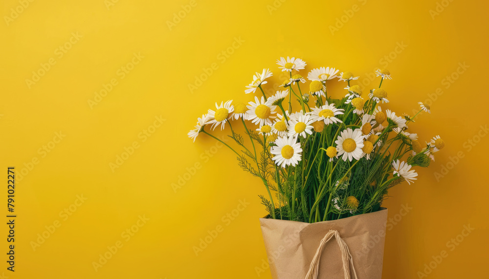 Bouquet of daisies in craft paper on yellow background. Place for text