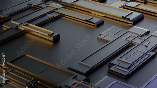 Abstract background with geometric forms. Black and golden sci fi backdrop,  motherboard close up, 3D rendering