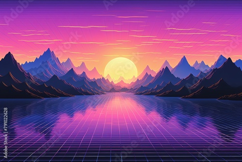Vaporwave Landscape background, Synthwave wallpaper, sunset with mountains and palm trees, Retro 80s science fiction background, Synthwave 90s neon background, sci fi sunset Scenery, AI Generative © Forhadx5
