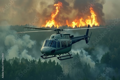 Wildforest fire burning forest trees eecological disaster smoke aerial view from helicopter danger death animals damage hazard blaze pollution tragedy photo