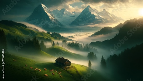 A misty morning scene in Bernese Oberland photo