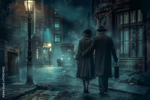 Vintage Couple Walking, Night City Street, 1920s Elegant Woman and Man in Old Historical Town