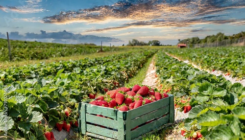 Strawberries harvest in the field with crate