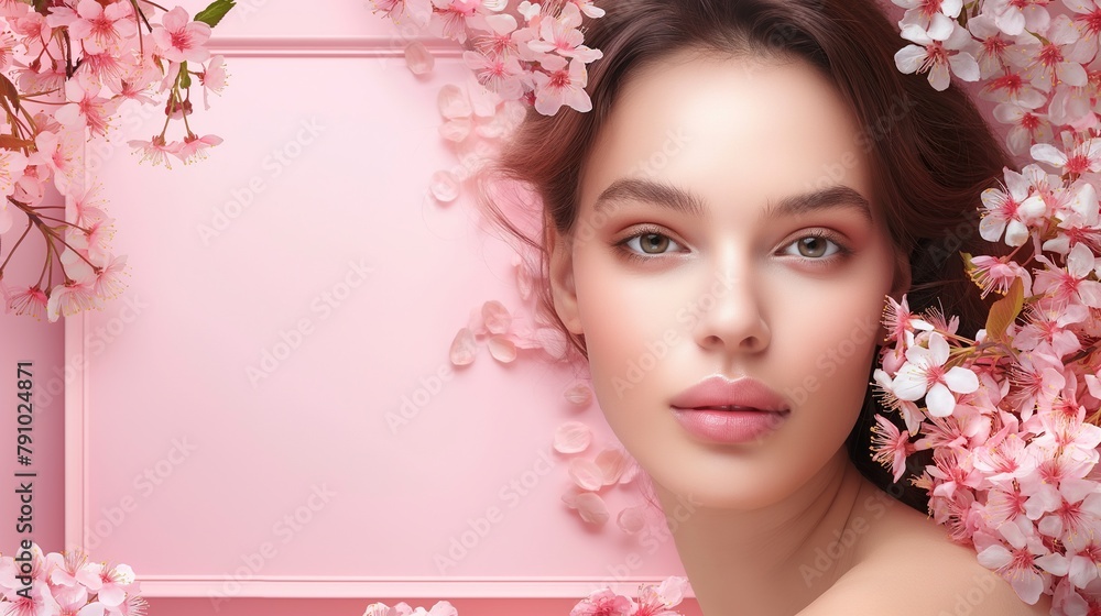 Beautiful woman model pink flowers banner copy space