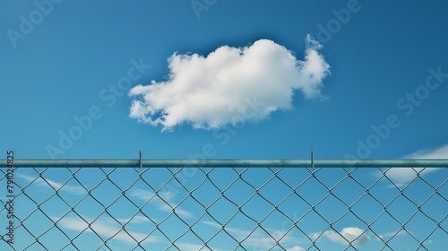 one cloud in the blue sky behind an open chain link fence