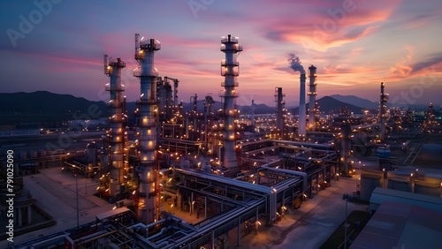 Aerial view of an oil refinery plant at twilight in an industrial zone. Concept Oil Refinery, Industrial Zone, Aerial View, Twilight, Plant