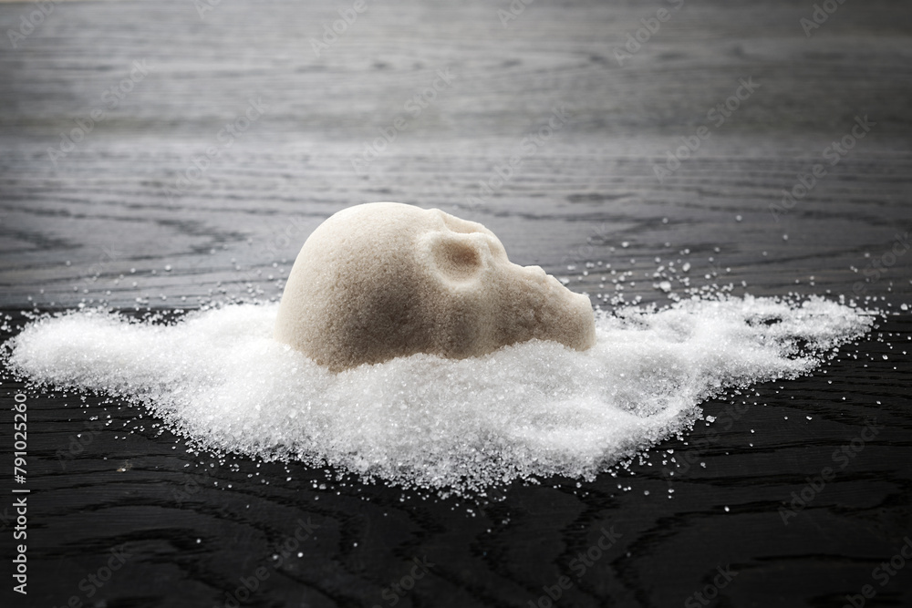 Naklejka premium A skull-shaped sugar mound on a wooden surface symbolizing the concept of unhealthy diet